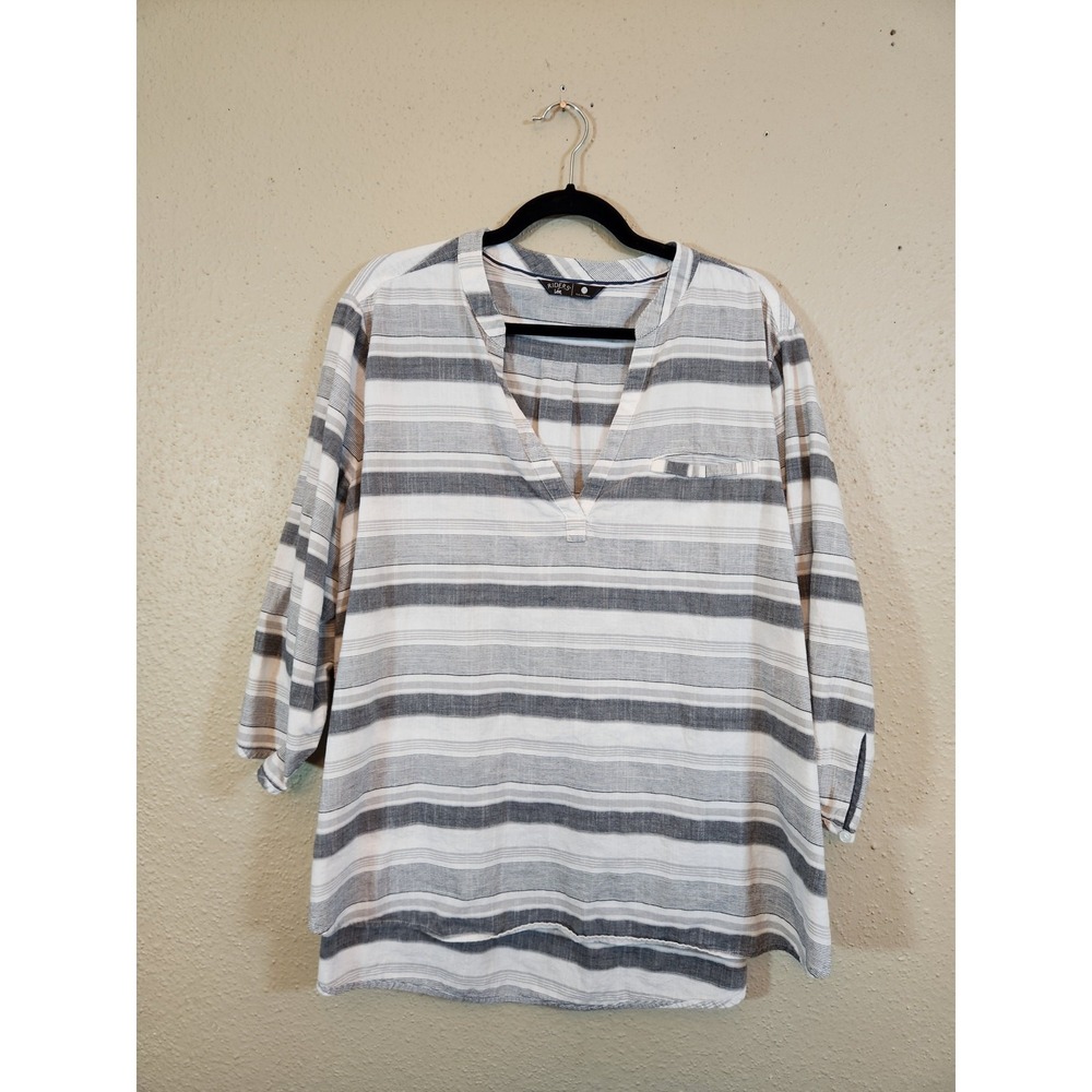Riders by Lee Womens 3X Grey Striped Tunic Blouse 3/4 Roll Tab Sleeve Cotton